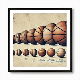 Evolution Of The Basketball Printed Art A Detailed Illustration Showcasing The Evolution Of Basketballs Through The Ages, Perfect For Adding A Historical Touch To Any Basketball Enthusiast’S Space Art Print