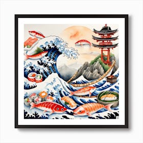 Surreal Sushi Mujina Yokai Intricate Watercolor Masterpiec Art Print