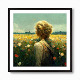 Blonde Child In Flower Field Square Art Print