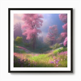 Pink Flowers In A Forest Art Print