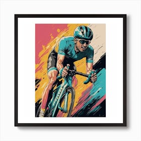 A contemporary and vibrant art print featuring a close-up portrait of a cyclist in motion, capturing the dynamic energy of urban cycling culture. This modern and visually impactful art print is ideal for fitness enthusiasts and those who appreciate the fusion of athleticism and artistic expression in home decor. Art Print