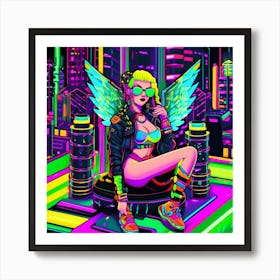 Neon Girl With Wings 26 Art Print