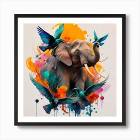 Elephant And Birds Art Print