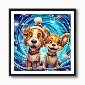 Two Dogs In Christmas Hats 1 Art Print