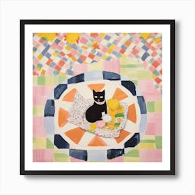 Pastel Colours Black Cat In A Picnic Blanket 2 Art Print