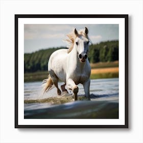 White Horse Running In Water 2 Art Print