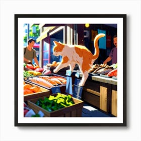 Cat At The Market Art Print