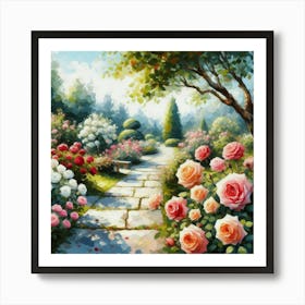 Roses In The Garden, Acrylic Style Painting 1 Art Print