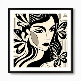 Matisse Style Female Portrait with Butterflies Art Print