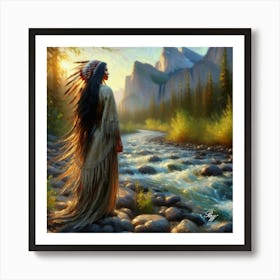 Oil Texture Native American Woman By Stream Art Print