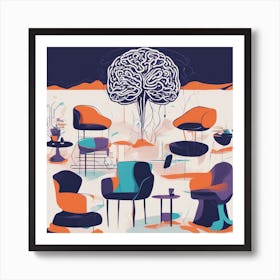 Drew Illustration Of Brain On Chair In Bright Colors, Vector Ilustracije, In The Style Of Dark Navy (2) Art Print