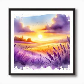 Beautiful and Relaxing - Watercolor Painting of a Lavender Field and a Sunset Sky Art Print