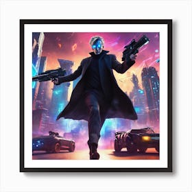 Futuristic Man With Guns Art Print