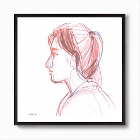 Minimal Red And Blue Color Pencil Portrait Illustration Of A Young Mother Art Print