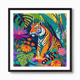 Firefly Beautiful Magic Garden With A Tiger Colourful Flowers And Tropical Plants Art Synthwave Ver 2 Art Print