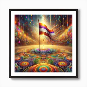 A Surreal And Colorful Representation Of The Maharashtrian New Year Celebration, Gudi Padwa, With A Vividly Decorated Gudi Flag Atop A Pole, S Art Print