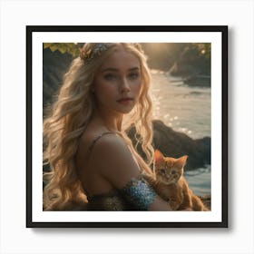 Blonde mermaid cuddles kitten Póster