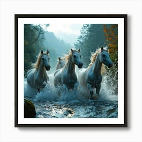 Transparent Quartet Of Water Horses Cresting A Colossal Wave In A Wild Stream Mid Gallop Splash A Art Print