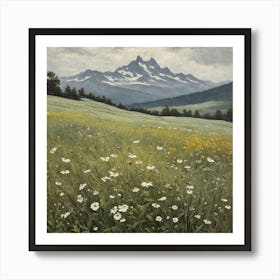 Vintage Oil Painting of Wild Flowers in a Meadow, Mountains in the Background 16 Art Print