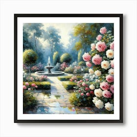 Rose Garden With The Fountain, Acrylic Style Painting 13 Art Print