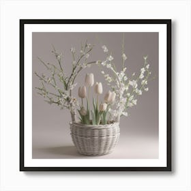 White Tulips In A Basket Art Print