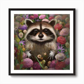 Raccoon in flower field Art Print