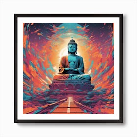 Lord Buddha Is Walking Down A Long Path, In The Style Of Bold And Colorful Graphic Design, David , R (4) Art Print