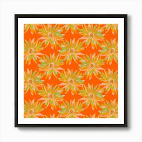 DAHLIA BURSTS Multi Abstract Blooming Floral Summer Bright Flowers in Orange Yellow Blush Lime Green on Orange Art Print