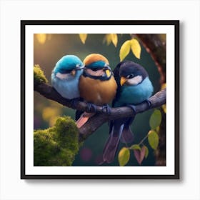 Three Birds Perched On A Branch Art Print