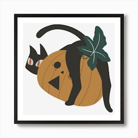 Curious Black Cat And Pumpkin Art Print