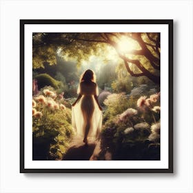 Woman In A Garden - Into the Garden: A woman in a flowing dress walking through a lush garden, with sunlight filtering through the trees and flowers blooming all around her. Art Print