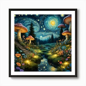 Starry Night In The Enchanted Forest with Giant Mushrooms and Exotic Wildflowers Art Print