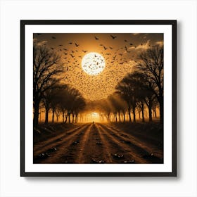 The Flight of Birds at Sunset, Their Shadows Cast Across the Earth as the Sun Dips Below the Horizon Art Print