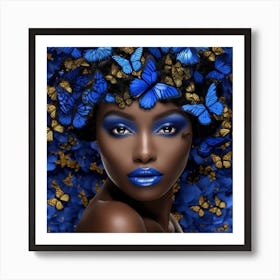 Black Woman With Blue Butterflies Art Print