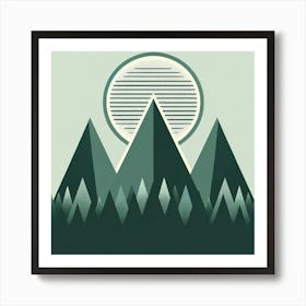 Title: "Mint Moonrise: A Study in Geometric Serenity"  Description: "Mint Moonrise: A Study in Geometric Serenity" is an evocative piece that explores the quietude of a moonrise over a minimalist mountain landscape. The artwork features a series of deep green, faceted peaks that rise sharply against a soft mint sky. Above the mountains, a textured moon adorned with horizontal stripes radiates a cool light, its linear design creating a contrast with the organic shapes below. The foreground's simplified forest adds a layer of complexity, with each tree mirroring the mountain's geometry. This composition's soothing palette and clean lines invite contemplation, making it a perfect addition to any space seeking a blend of modern design and natural tranquility. Art Print