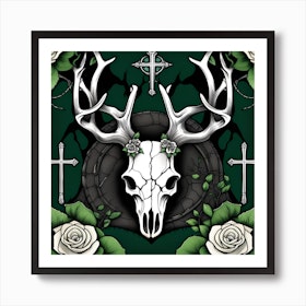 Deer Skull And Flowers Linocut Print