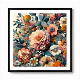 Vibrant Floral Collage Featuring Oversized Blossoms And Foliage, Style Mixed Media Collage 1 Art Print