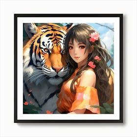 Japanese girl and Tiger Art Print