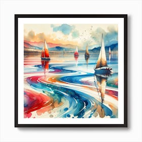 Boats Sea Water Artwork Painting Square Art Print