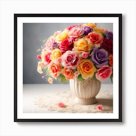 Colorful Roses In A Vase Art Print