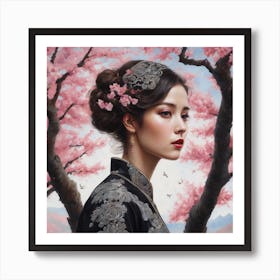 Asian Woman With Cherry Blossoms Art Print