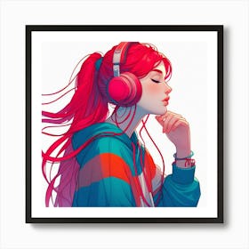 Girl With Red Hair Listening To Music Art Print