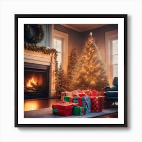 Christmas Presents Under Christmas Tree At Home Next To Fireplace Haze Ultra Detailed Film Photog (16) Art Print