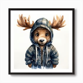 Watercolour Cartoon Moose In A Hoodie 3 Art Print