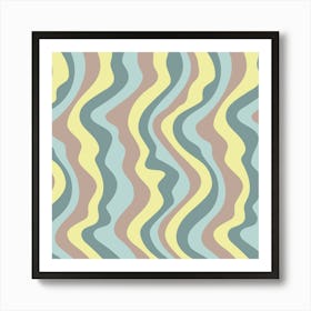 GOOD VIBRATIONS Groovy Mod Wavy Psychedelic Abstract Stripes in Cool Retro Colours Pine Mint Beige Yellow Art Print