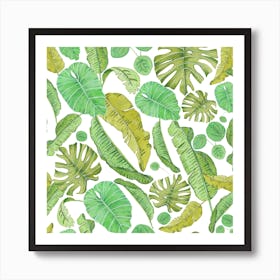 Beautiful Watercolor Tropical Leaves Pattern Square Art Print