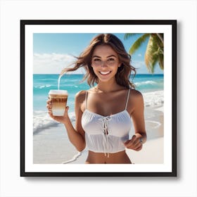 Beautiful Woman On The Beach With Coffee Art Print