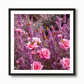 Pink Roses And Butterflies Art Print