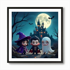 Enchanted Halloween: A Trio of Cute Spooks Under the Moonlight Art Print