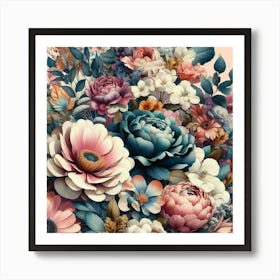 Vibrant Floral Collage Featuring Oversized Blossoms And Foliage, Style Mixed Media Collage 3 Art Print